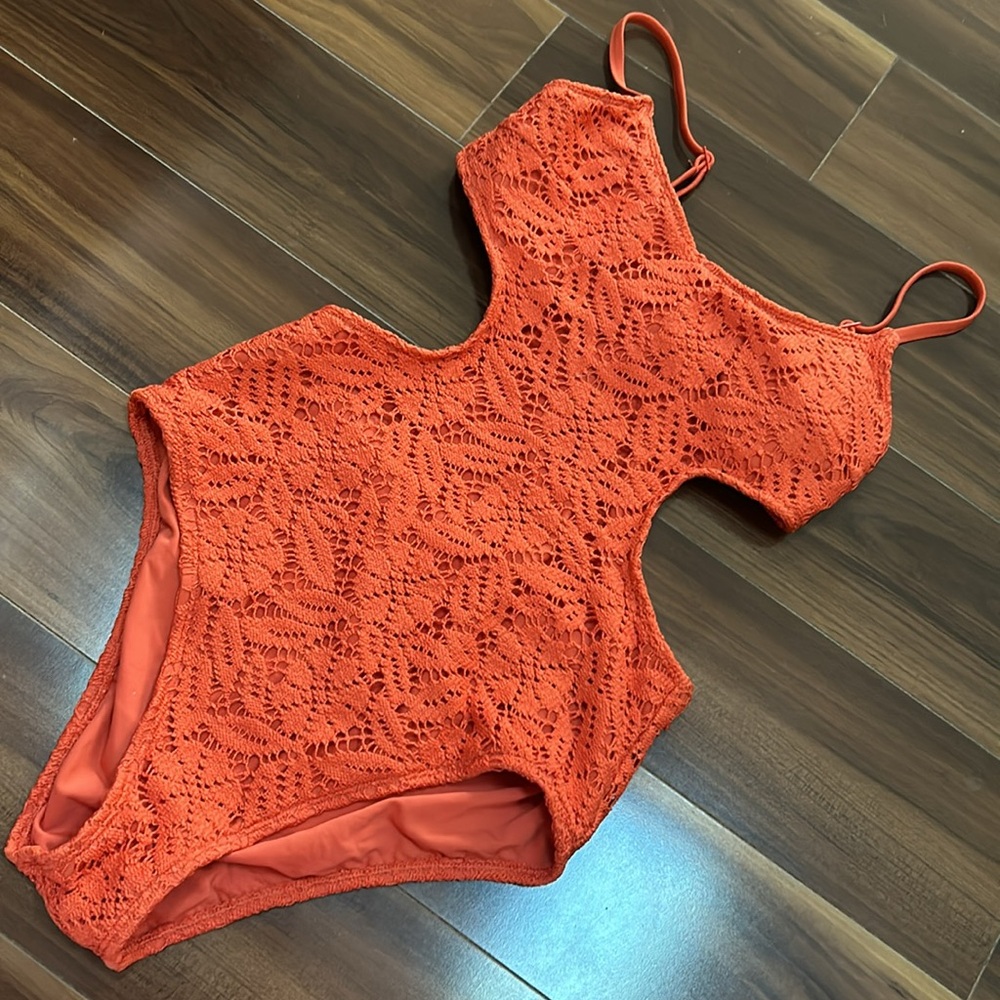 Small aerie one piece cheeky orange crochet cutout swimsuit swim